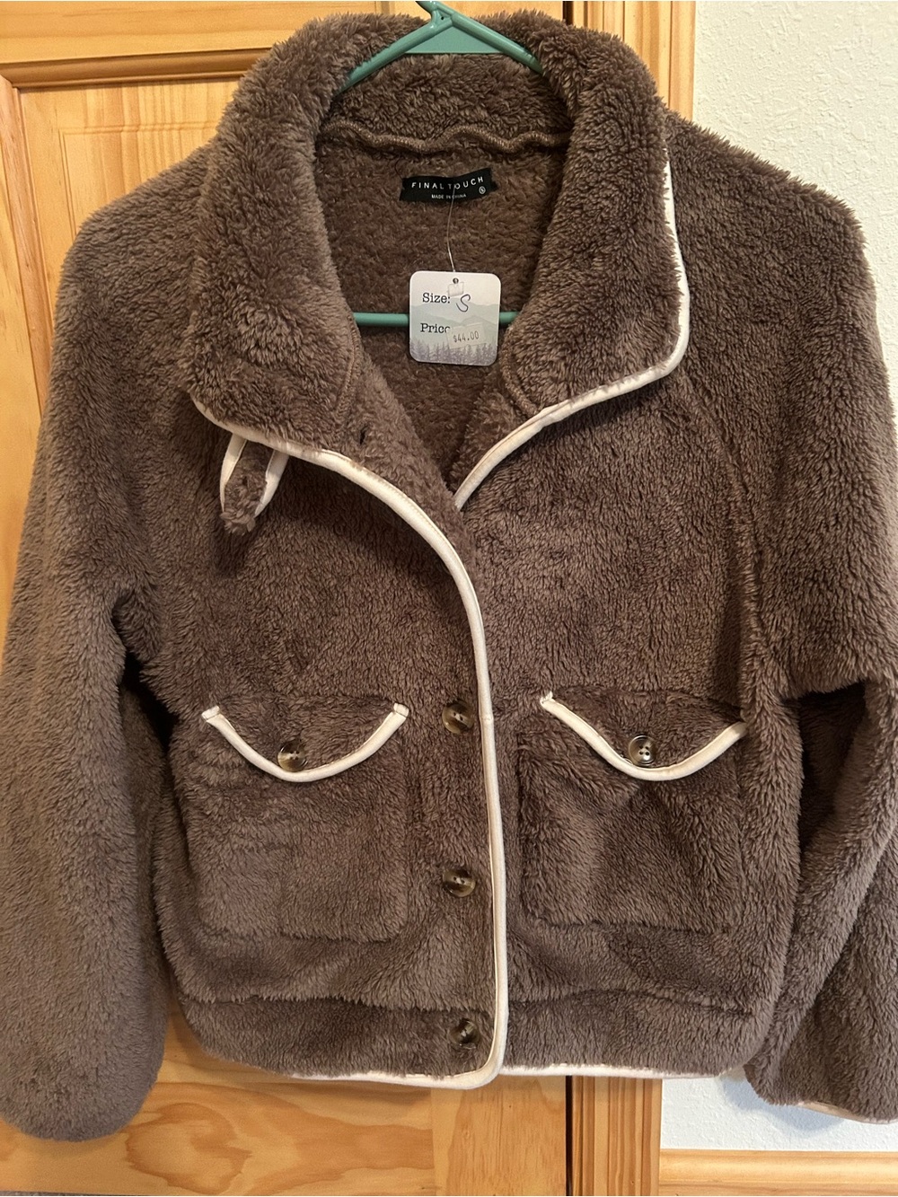 Final Touch Plush Teddy Jacket in Brown with White Trim